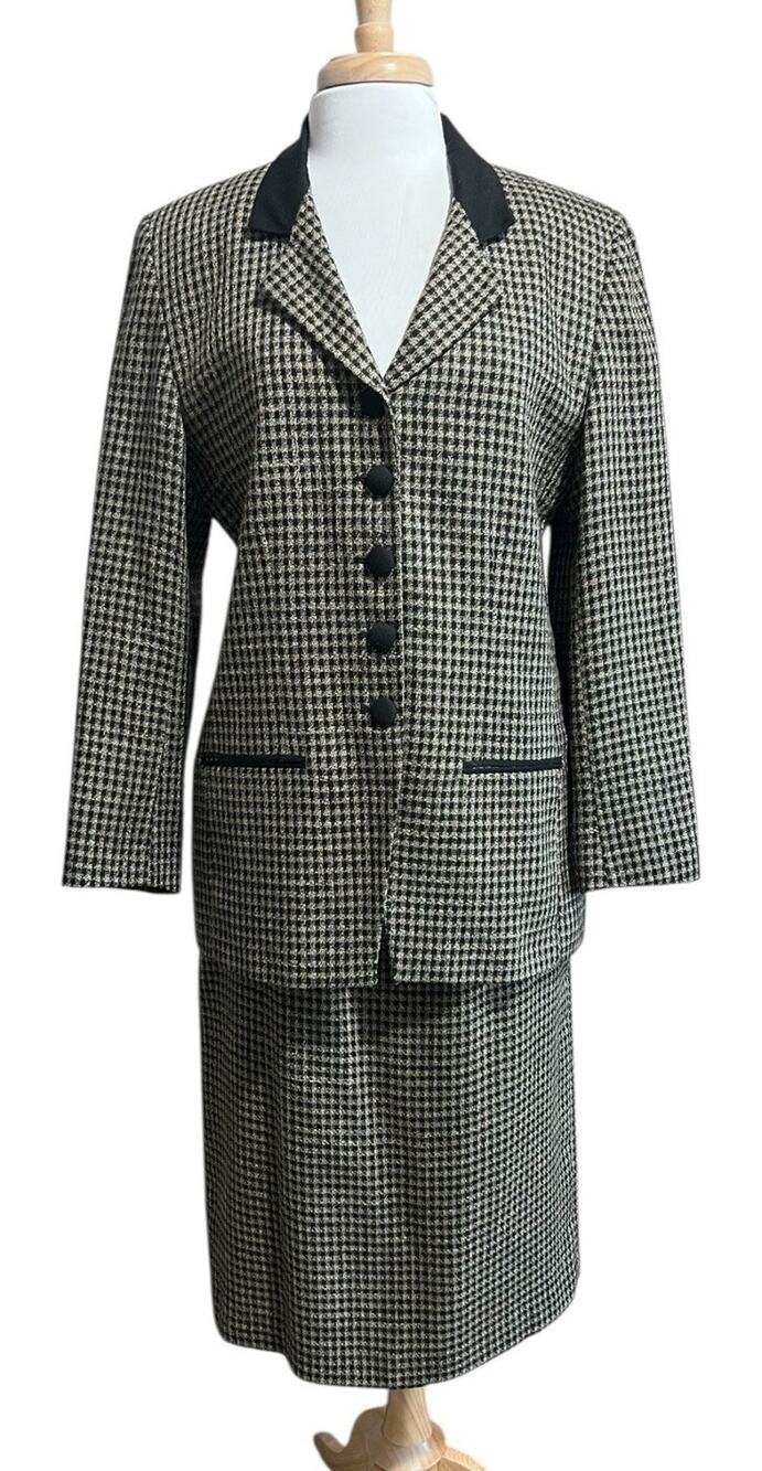 Vintage 80s Tailor Flex Skirt Suit Womens 12 Houndstooth Plaid Retro Academia